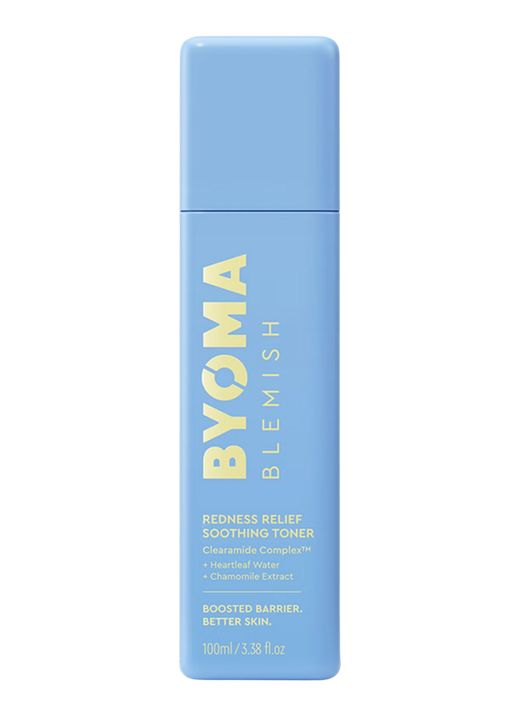Blue bottle of BYOMA Blemish toner on a white background