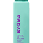A tall, light teal bottle of BYOMA Hydrating Body Lotion with purple and pink text on the label.