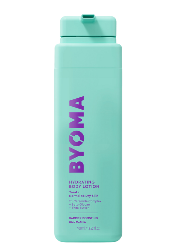 A tall, light teal bottle of BYOMA Hydrating Body Lotion with purple and pink text on the label.