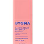 Pink eye cream bottle labeled 'BYOMA Barrier Repair Eye Cream' on a white background