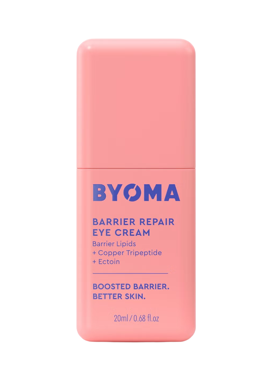 Pink eye cream bottle labeled 'BYOMA Barrier Repair Eye Cream' on a white background