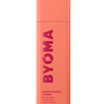 A pink spray bottle labeled 'BYOMA Brightening Toner' indicating a skin care product designed for brightening and barrier support.