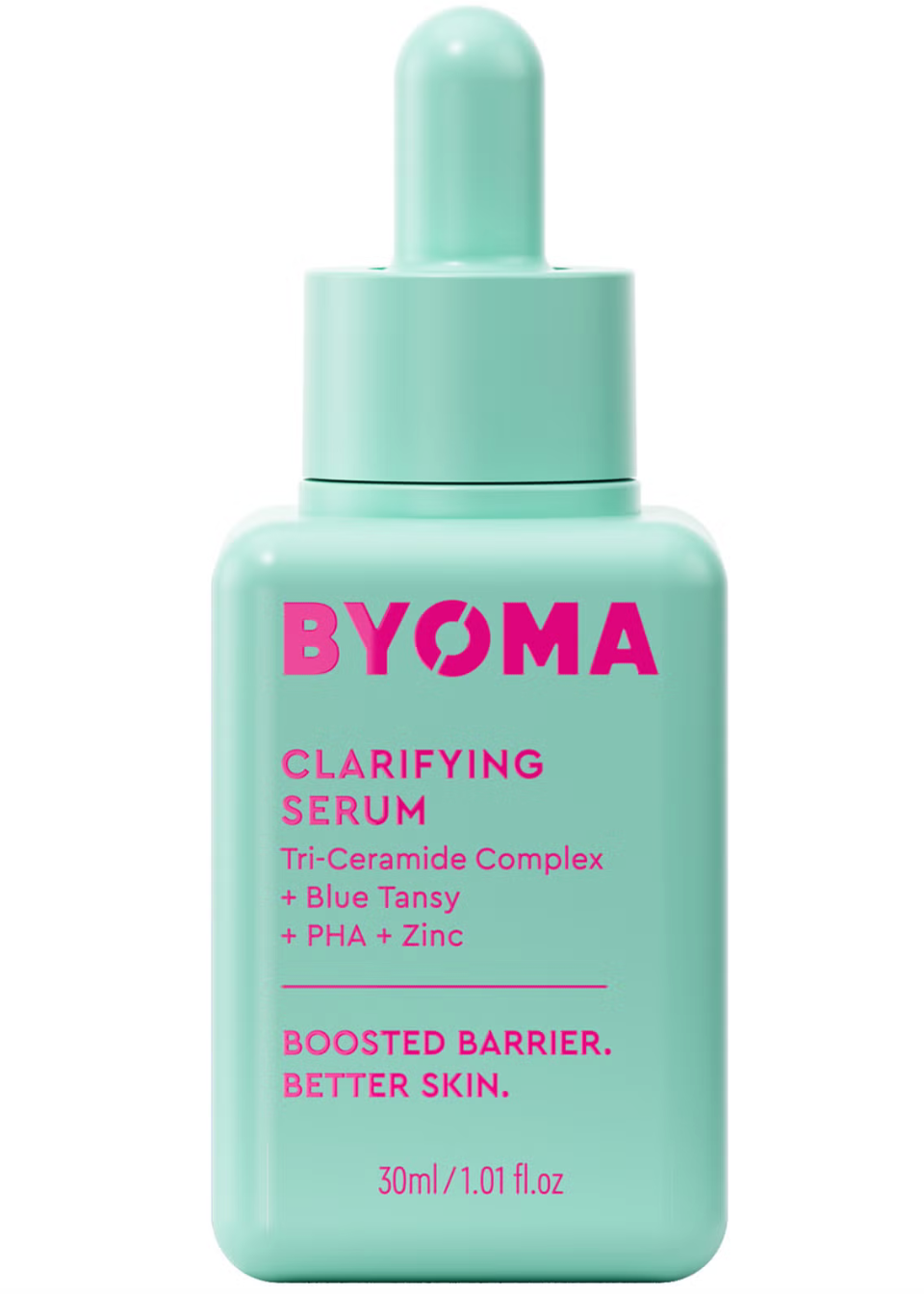 A teal dropper bottle labeled BYOMA Clarifying Serum, with text detailing the product's benefits and ingredients such as Tri-Ceramide Complex, Blue Tansy, PHA, and Zinc.