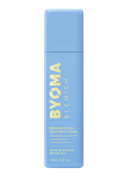 Blue bottle of BYOMA Blemish toner on a white background