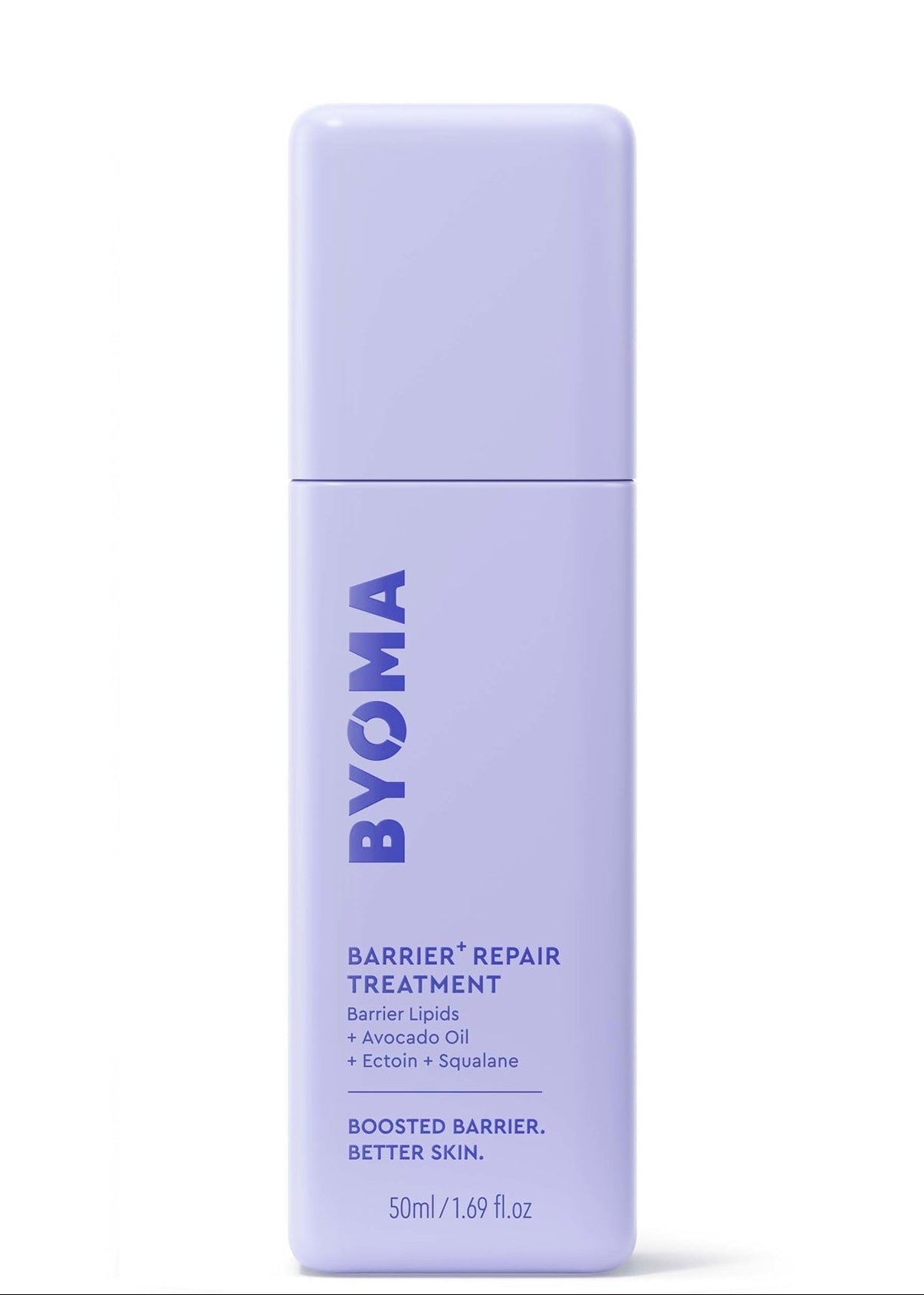 A bottle of BYOMA Barrier+ Repair Treatment, 50ml. The bottle is purple with white and blue text, indicating the product name and size.