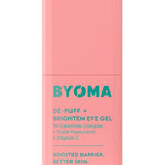 A pink BYOMA De-Puff and Brighten Eye Gel packaging with product details written in white.
