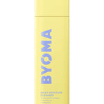 A yellow aerosol pump bottle labeled 'BYOMA Milky Moisture Cleanser' designed for facial use.