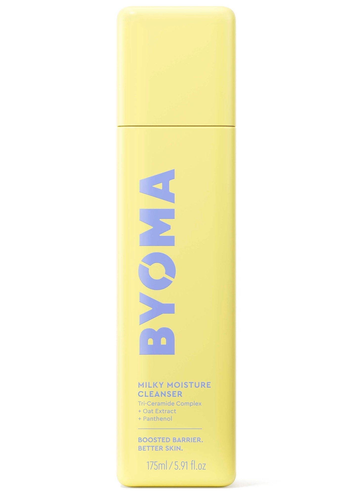 A yellow aerosol pump bottle labeled 'BYOMA Milky Moisture Cleanser' designed for facial use.