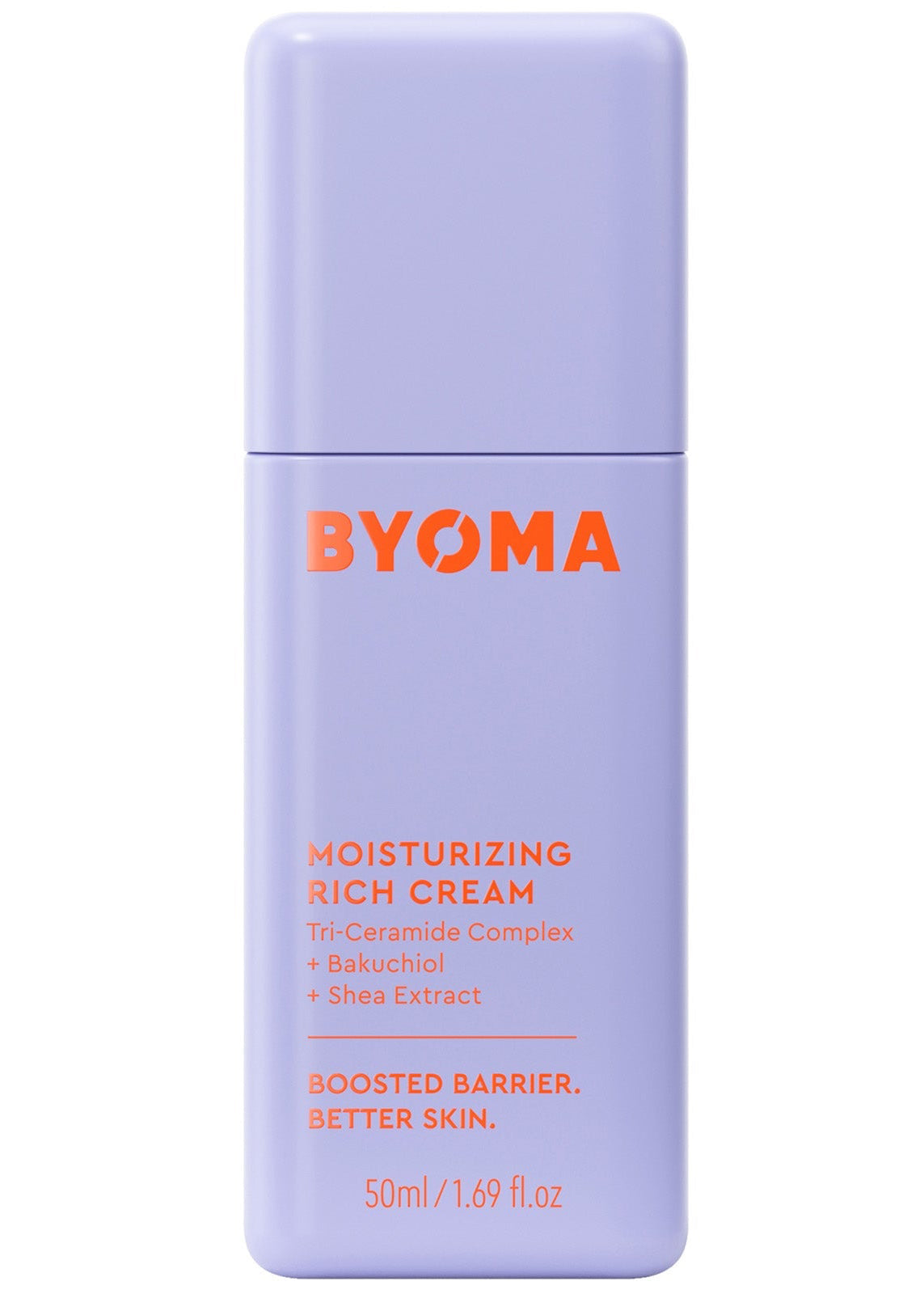 A tube of BYOMA Moisturising Rich Cream, 50ml size, in a light purple packaging with orange text.