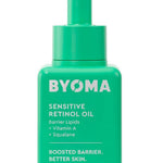 A bottle of BYOMA Sensitive Retinol Oil with a dropper, green label, and text indicating it is formulated with vitamin A, soybean oil, and bakuchiol, and is alcohol-free.