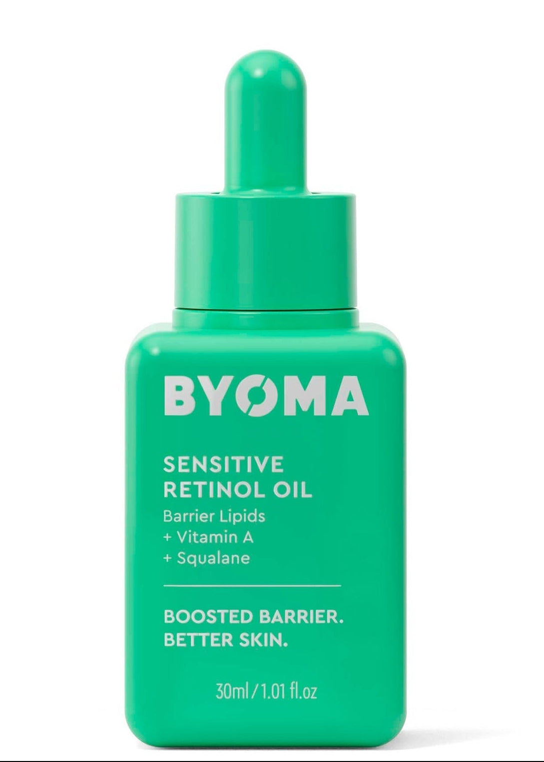 A bottle of BYOMA Sensitive Retinol Oil with a dropper, green label, and text indicating it is formulated with vitamin A, soybean oil, and bakuchiol, and is alcohol-free.
