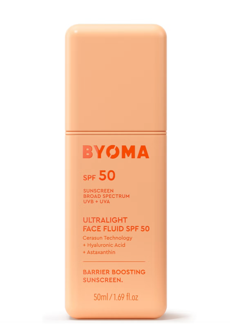 Byoma SPF 50 ultralight face fluid bottle on a white background