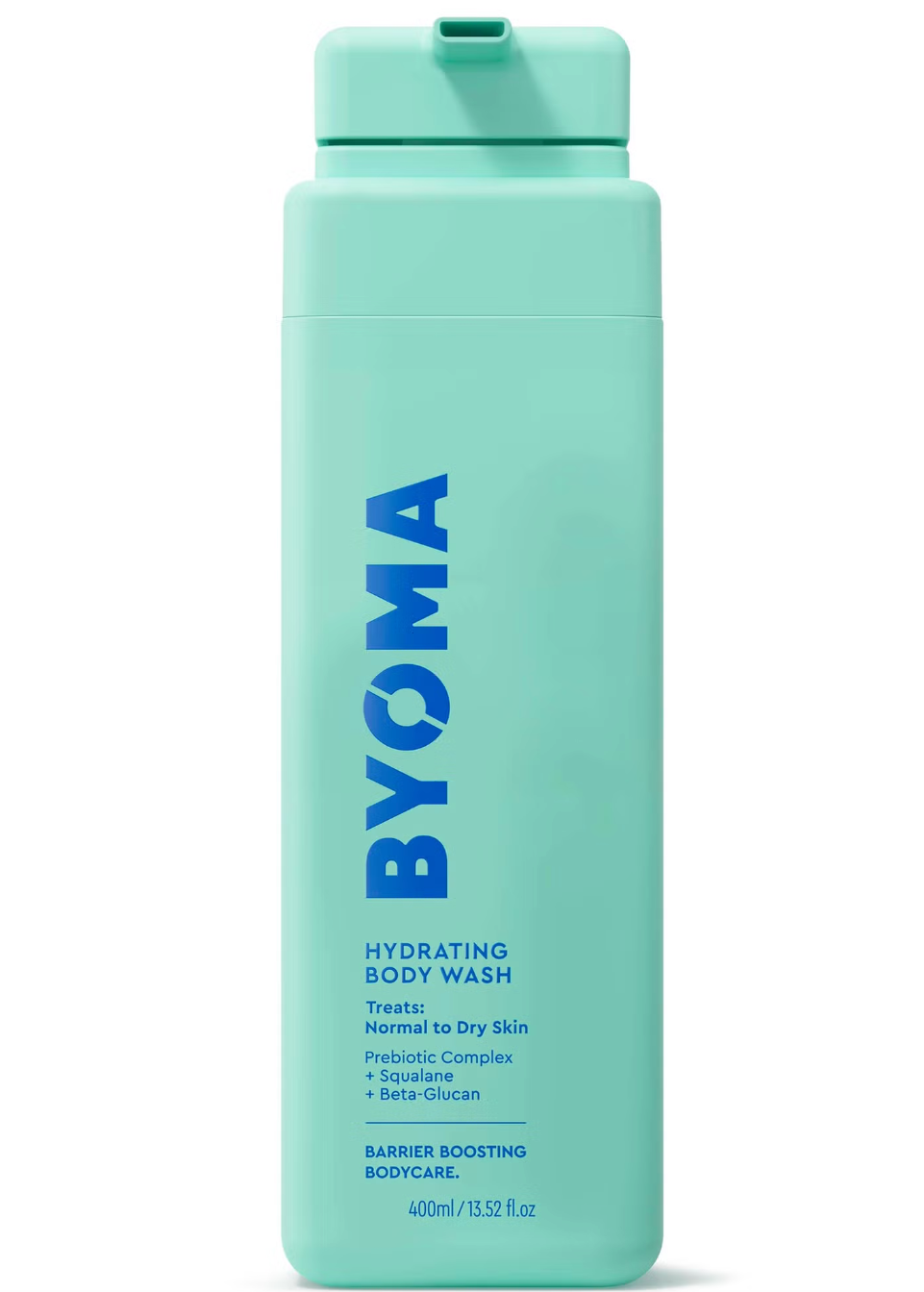 A teal bottle of BYOMA Hydrating Body Wash with a simple, clean design.