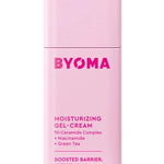 A pink tube of BYOMA Moisturizing Gel Cream with green tea and a boosted barrier effect, indicating it absorbs quickly and has a cooling effect.