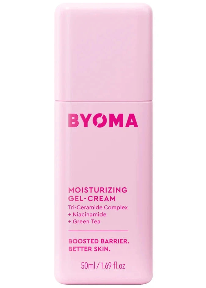 A pink tube of BYOMA Moisturizing Gel Cream with green tea and a boosted barrier effect, indicating it absorbs quickly and has a cooling effect.